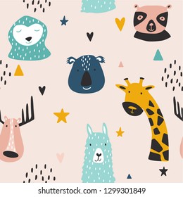 Safari baby animals seamless funny pattern. Vector kid print. Hand drawn doodle illustrations in scandinavian style.