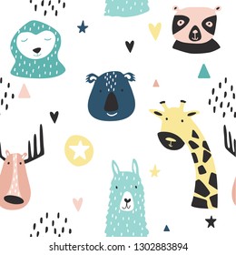 Safari baby animals seamless funny pattern. Vector kid print. Hand drawn doodle illustrations in scandinavian style.