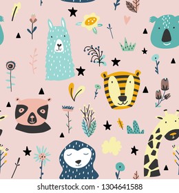 Safari baby animals seamless funny pattern. Vector kid print. Hand drawn doodle illustrations in scandinavian style. Pink background. 