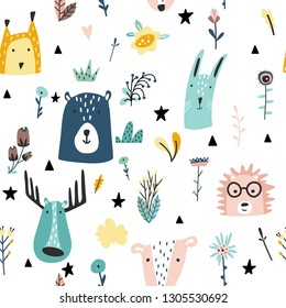 Safari baby animals seamless funny pattern. Vector kid print. Hand drawn doodle illustrations in scandinavian style. White background.