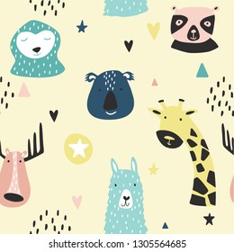 Safari baby animals seamless funny pattern. Vector kid print. Hand drawn doodle illustrations in scandinavian style.