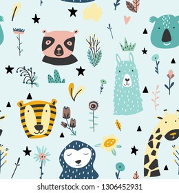 Safari baby animals seamless funny pattern. Vector kid print. Hand drawn doodle illustrations in scandinavian style. Blue background.