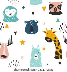 Safari baby animals seamless funny pattern. Vector kid print. Hand drawn doodle illustrations in scandinavian style.