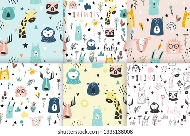 Safari baby animals seamless funny patterns collection. Set of vector kid print. Hand drawn doodle illustrations in scandinavian style. 