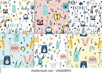 Safari baby animals seamless funny patterns collection. Set of vector kid print. Hand drawn doodle illustrations in scandinavian style. 