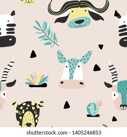 Safari baby animals seamless funny pattern. Vector kid print. Hand drawn doodle illustrations in scandinavian style. Pink background. 