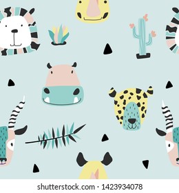 Safari baby animals seamless funny pattern. Vector kid print. Hand drawn doodle illustrations in scandinavian style. Pink background. 