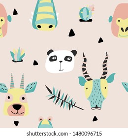 Safari baby animals seamless funny pattern. Vector kid print. Hand drawn doodle illustrations in scandinavian style. Pink background. 