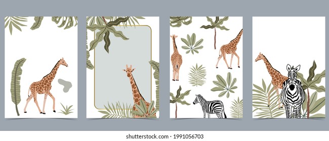 Safari background collection with giraffe,zebra.vector illustration for birthday invitation,postcard