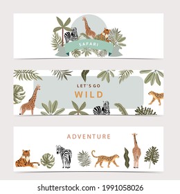 Safari Background Collection With Giraffe,zebra.vector Illustration For Birthday Invitation,postcard