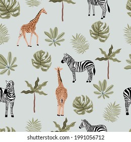 Safari background with giraffe,zebra,leaf.Vector illustration seamless pattern for background,wallpaper,frabic.Editable element