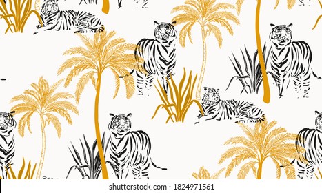 Safari background. Jungle wild animals pattern with tigers, palm tree, floral savannah design. Exotic plants illustration, outline decor in vector. 
