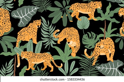 Safari background with leopard,palm,leaf.Vector illustration seamless pattern for background,wallpaper,frabic.Editable element