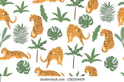Safari background with leopard,palm,leaf.Vector illustration seamless pattern for background,wallpaper,frabic.Editable element