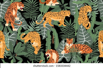 Safari background with leopard,palm,tiger,leaf.Vector illustration seamless pattern for background,wallpaper,frabic.Editable element