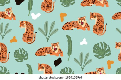 Safari background with tiger,palm,leaf.Vector illustration seamless pattern for background,wallpaper,frabic.Editable element