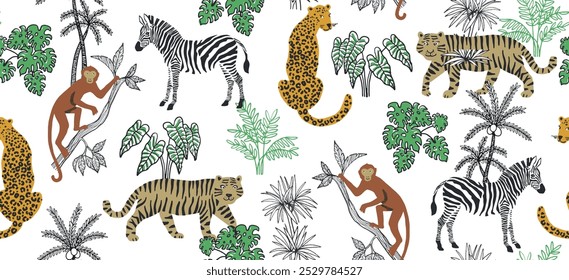 Plano de fundo Safari Pintura aquarela padrão sem costura com girafa, elefante, zebra, papagaios, borboletas, palmeiras e flores de hibisco
