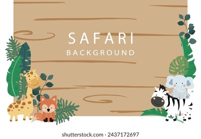 safari banner with giraffe,elephant,zebra,fox and leaf frame