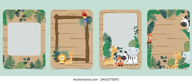 safari banner with giraffe,elephant,zebra,fox and leaf frame.vector illustration for a4 design