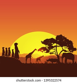 Safari banner, silhouette of wildlife animals in South Africa