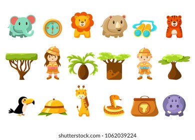 Safari big set, kids and funny african animals, birds, trees vector illustration