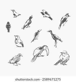 Safari birds set. Hand drawn vectors. Vectors description. Collection of drawings. Vintage paper. Wildlife birds. Hand drawn in vintage style. Hand drawn line art.