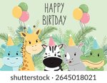 Safari birthday card. Cute baby animals with balloons. Zebra, giraffe, hippo, rhino, crocodile cartoon vector illustration. Children’s birthday card