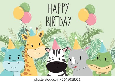 Safari birthday card. Cute baby animals with balloons. Zebra, giraffe, hippo, rhino, crocodile cartoon vector illustration. Children’s birthday card