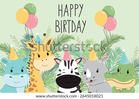 Safari birthday card. Cute baby animals with balloons. Zebra, giraffe, hippo, rhino, crocodile cartoon vector illustration. Children’s birthday card