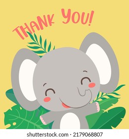 Safari birthday card with cute elephant waving and smiling. Thank you text. Kids party, birthday, baby shower card template. Placement print, book cover, poster.