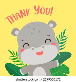 Safari birthday card with cute hippopotamus kawaii style. Adorable baby hippo waving and smiling. Thank you text. Kids party, birthday invitation card template. Placement print, book cover, poster.