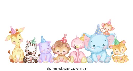 Safari birthday party vector illustration. Animals watercolorillustration for invitation, postcard, sticker and banner.