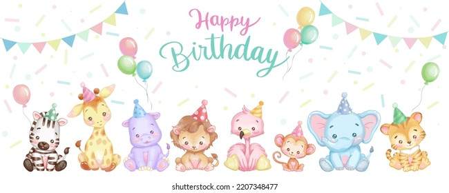 Safari birthday party vector illustration. Animals watercolorillustration for invitation, postcard, sticker and banner.