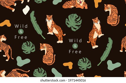 Safari black background with tiger,palm,leaf.Vector illustration seamless pattern for background,wallpaper,frabic.Editable element