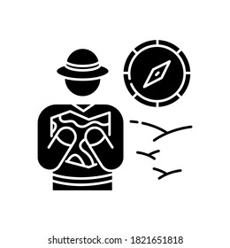 Safari black glyph icon. Exotic tourism, african savanna exploration silhouette symbol on white space. Vacation in tropical wilderness. Tourist navigating with map vector isolated illustration