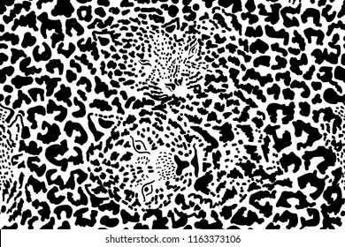 Safari black and white. Grunge background with chaotic yaguar spots.  Ethnic textile collection. Seamless vector animal print.