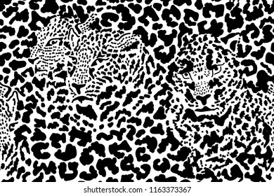 Safari black and white. Grunge background with chaotic wild cats spots.  Ethnic textile collection. Seamless vector animal print.