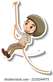 Safari boy hanging on rope cartoon character sticker illustration