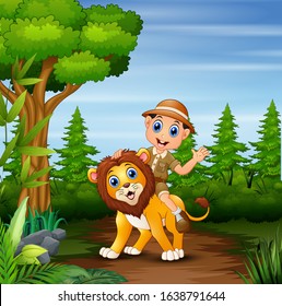 Safari boy with lion walking in the jungle