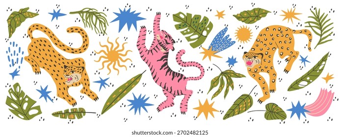 Feixe de safári com padrão de tigre-leopardo tropical e folhas de selva. Planos de fundo digitais para sites e mídia social