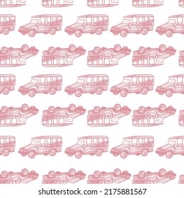 Safari bus engraved seamless pattern. Vintage adventure off road car in hand drawn style. Sketch texture for fabric, wallpaper, textile, print, title, wrapping paper. Vector illustration.