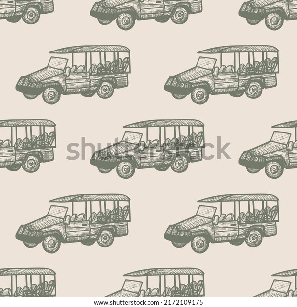 Safari\
bus engraved seamless pattern. Vintage adventure off road car in\
hand drawn style. Sketch texture for fabric, wallpaper, textile,\
print, title, wrapping paper. Vector\
illustration.