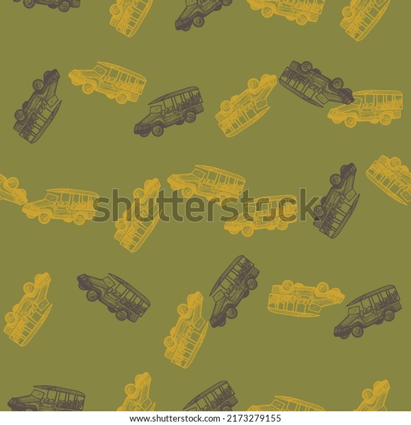 Safari\
bus engraved seamless pattern. Vintage adventure off road car in\
hand drawn style. Sketch texture for fabric, wallpaper, textile,\
print, title, wrapping paper. Vector\
illustration.