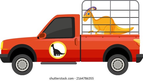 Safari cage car with dinosaur on white background illustration