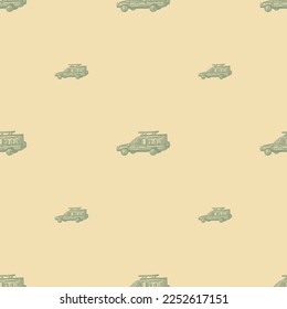 Safari car engraved seamless pattern. Vintage adventure off road in hand drawn style.
