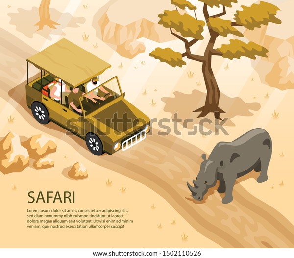 Safari car with tourists and rhino crossing\
road 3d isometric vector\
illustration