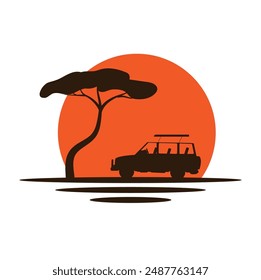 Safari Car and Tree in Savannah Sunlight Icon. Adventures and visiting exotic location concept vector