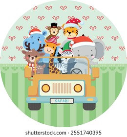 Safari car, vector, cute animals in the car. Merry Christmas.