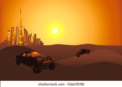 Safari Cars At The Sunset In The Desert Near Dubai City Vector Illustration