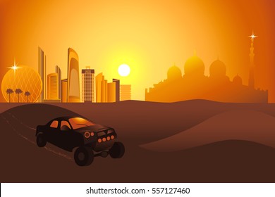 Safari cars at the sunset in the desert near the Abu-Dhabi city vector illustration
